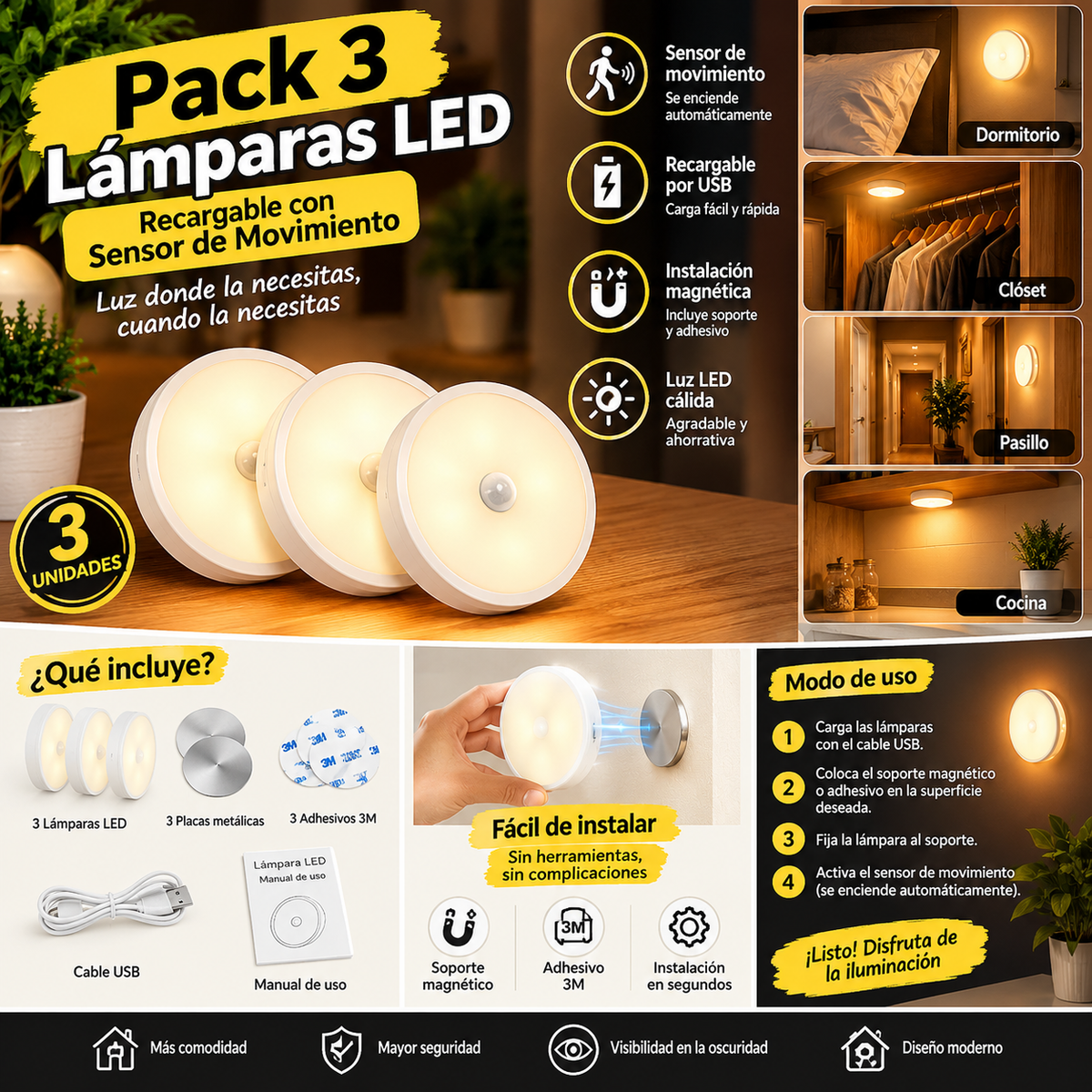 Pack 3 Lámpara LED Recargable Sensor