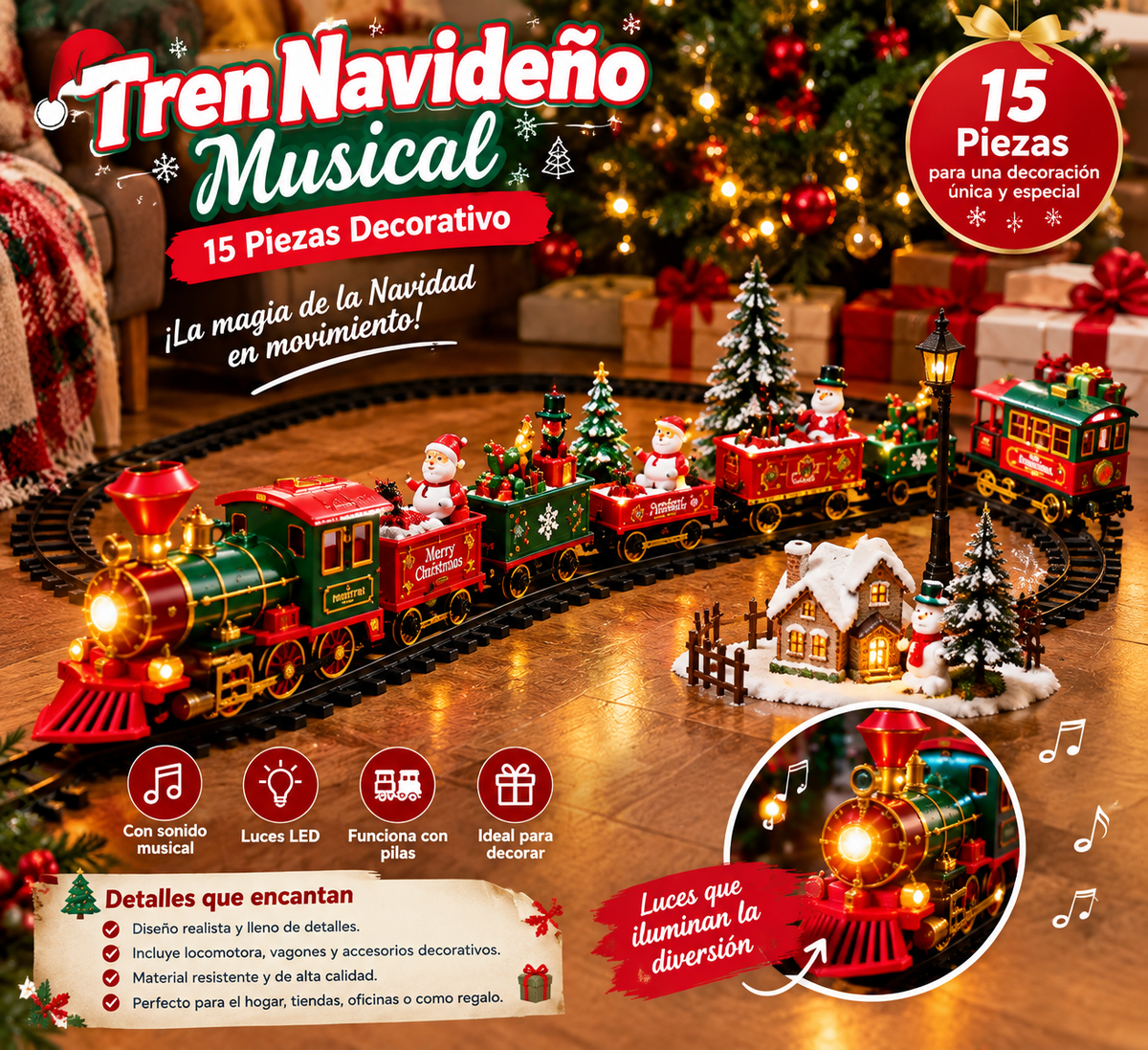 Tren Navideño Musical 15 Pcs Decorativo